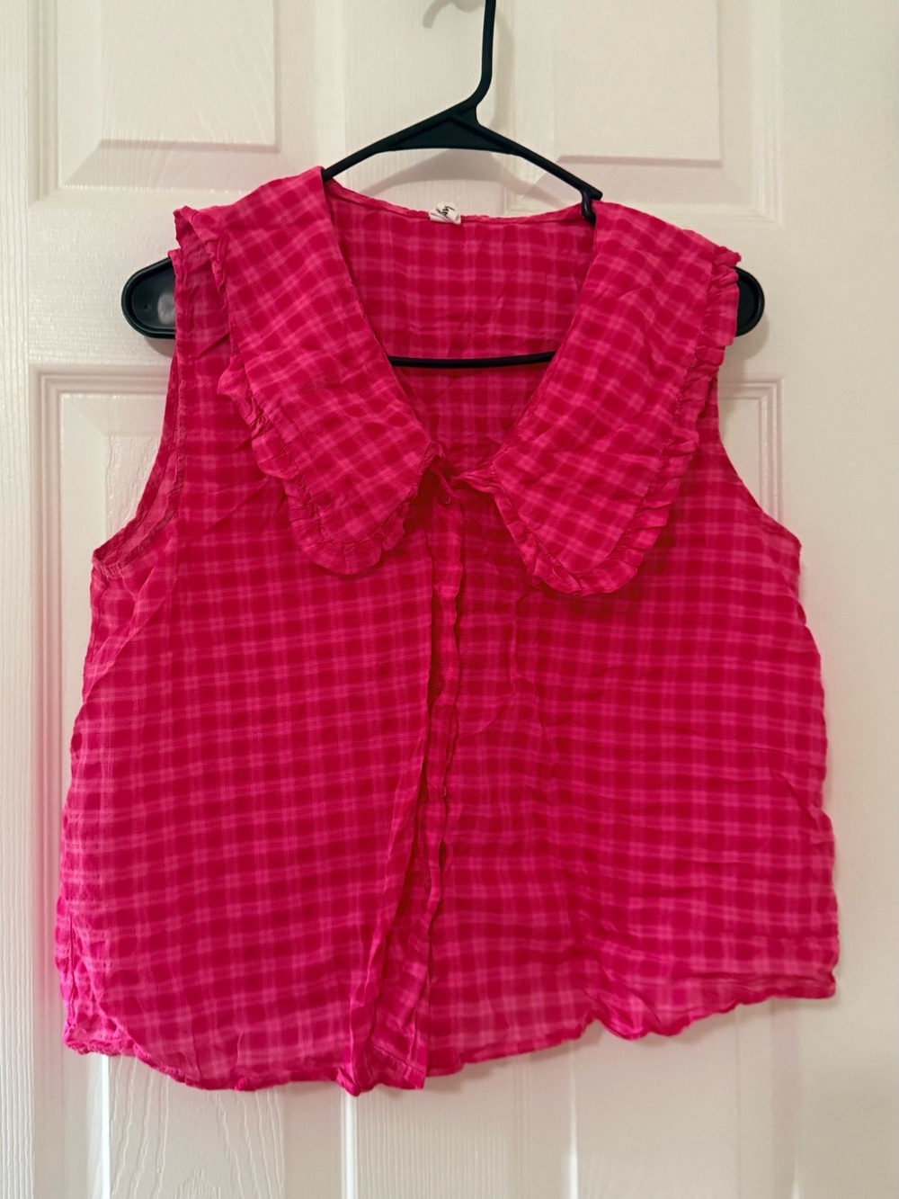 Mango Hot Pink Plaid Sleeveless Blouse with Ruffled Peter Pan Collar